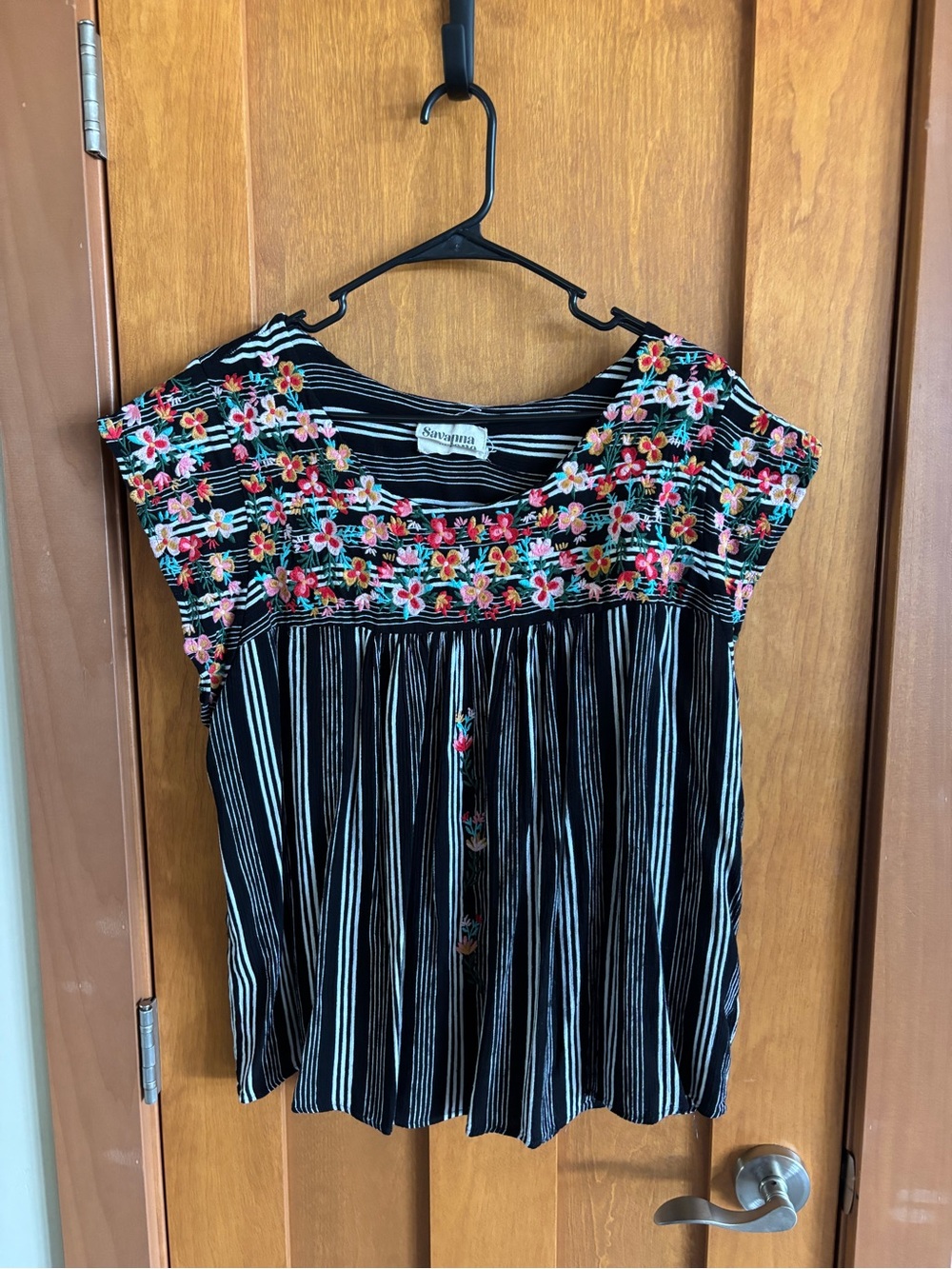 Savanna Jane Black Striped Top with Multicolor Floral Embroidery